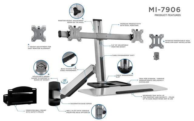 Mount-IT - Sit Stand Workstation Wall Mounted with Dual Monitor & Keyboard Tray Gas Spring Includes CPU Wall Mount Heavy Duty Steel & Aluminum