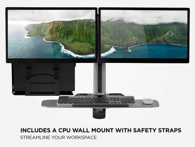 Mount-IT - Sit Stand Workstation Wall Mounted with Dual Monitor & Keyboard Tray Gas Spring Includes CPU Wall Mount Heavy Duty Steel & Aluminum