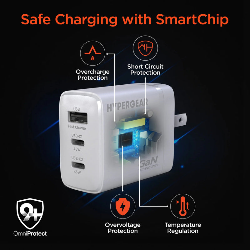 HyperGear - Hypergear Wall Charger 45W Gan 3 Port 2X Usb - C Pd (45W) 1X Usb - A Fast Charge - White Electronics