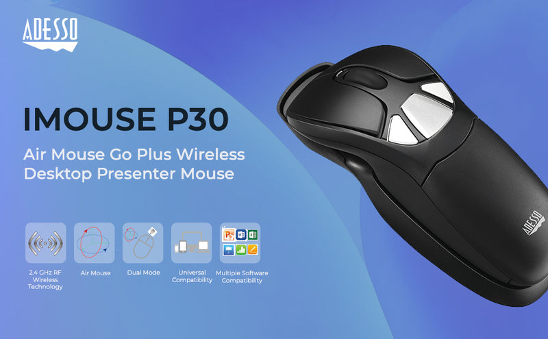 Adesso - Air Mouse Wireless iMouse P30 GO Plus USB 2.4Ghz Dongle with MotionTools 3 Software Mouse/Wireless Presenter with Charging Cradle PC/Mac - Black