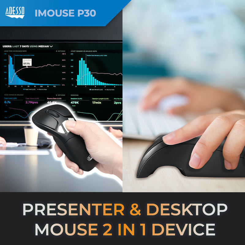Adesso - Air Mouse Wireless iMouse P30 GO Plus USB 2.4Ghz Dongle with MotionTools 3 Software Mouse/Wireless Presenter with Charging Cradle PC/Mac - Black