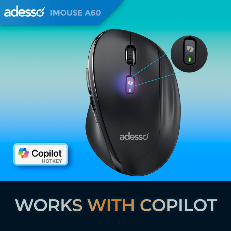 Adesso - Mouse Wireless A60 Ergomonic Vertical Bluetooth/2.4Ghz RF with programable AI Hotkey