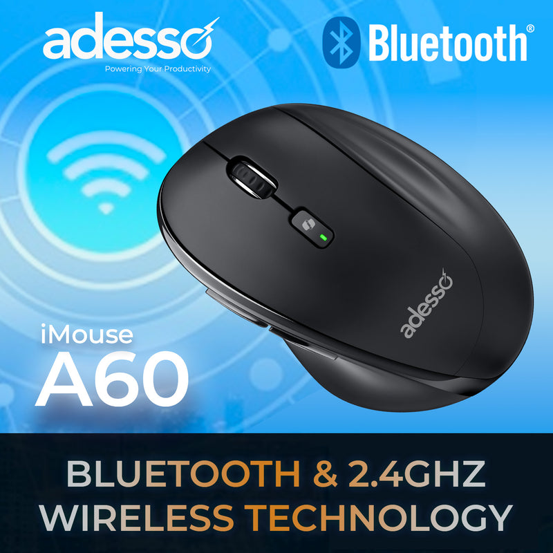 Adesso - Mouse Wireless A60 Ergomonic Vertical Bluetooth/2.4Ghz RF with programable AI Hotkey