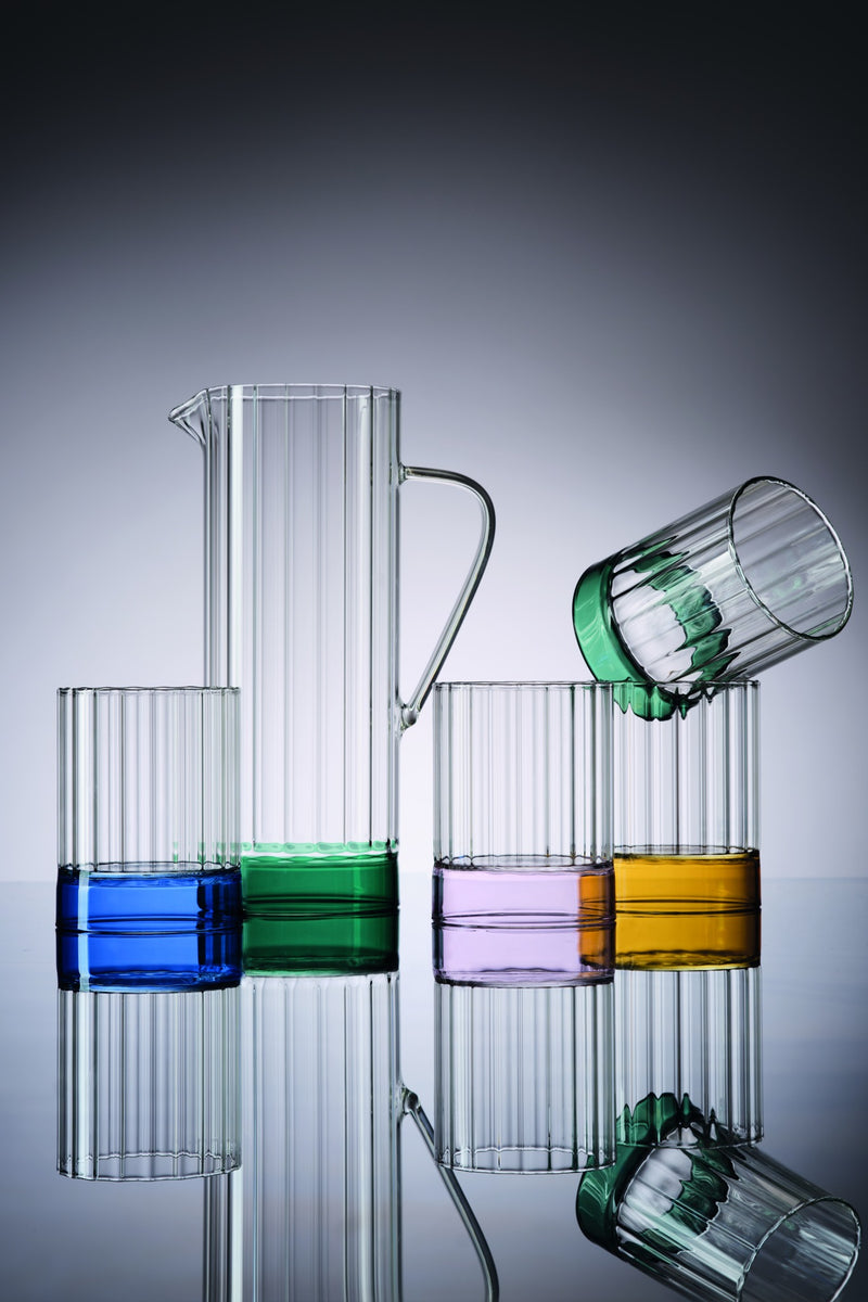 IVV - Quattronote - Set 4 borosilicate glass pleated tumblers, assorted colors: blue, amber, green, pink