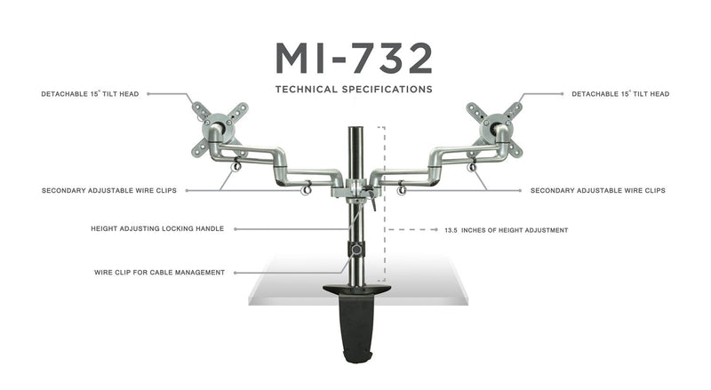 Mount - IT - Dual Monitor Clamp with Gas Spring Arms up to 27" - Silver Electronics