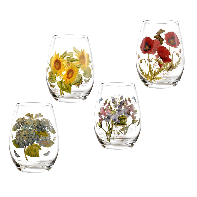 Four Botanic Garden stemless wine glasses: sunflower, poppy, hydrangea and sweet pea