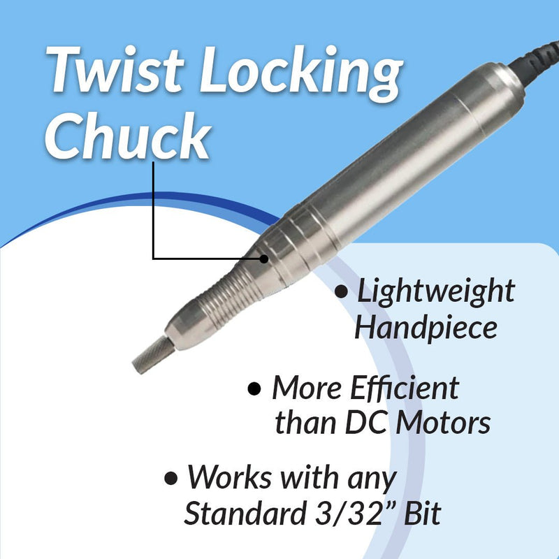Medicool - Tec-Pro Rechargeable Electric Nail File | 30,000 RPM – Handpiece and twist-lock chuck detail