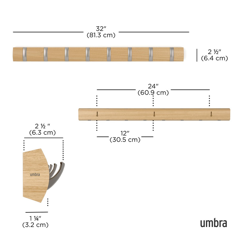 UMBRA - Flip 8 Wall Hook | Wall - Mounted Multi - Purpose Hook Rack for Home Use Home & Kitchen Natural - Nickel