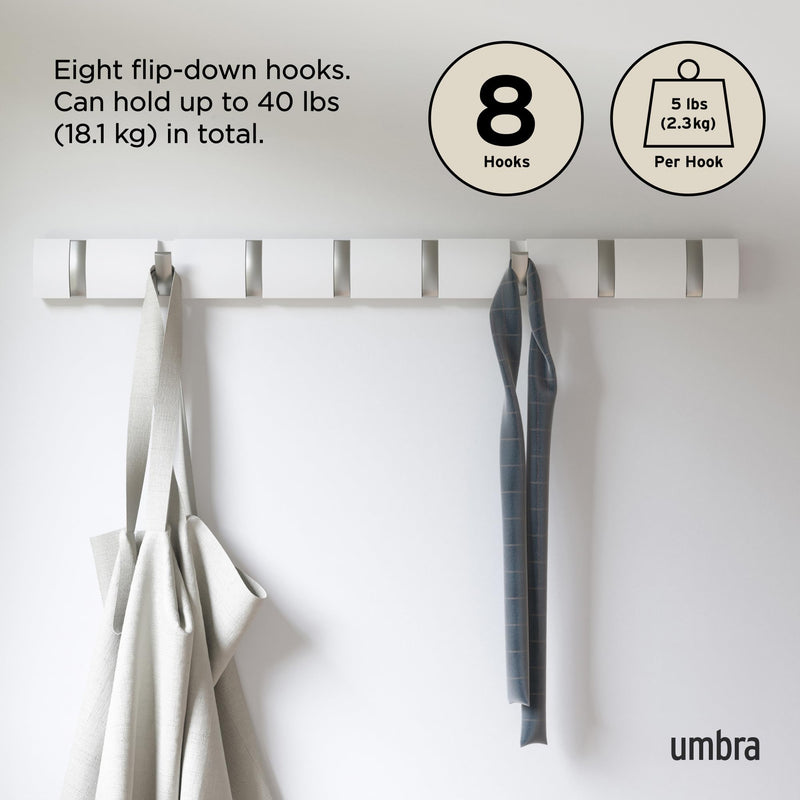 UMBRA - Flip 8 Wall Hook | Wall - Mounted Multi - Purpose Hook Rack for Home Use Home & Kitchen White - Nickel