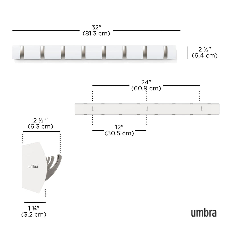 UMBRA - Flip 8 Wall Hook | Wall - Mounted Multi - Purpose Hook Rack for Home Use Home & Kitchen White - Nickel
